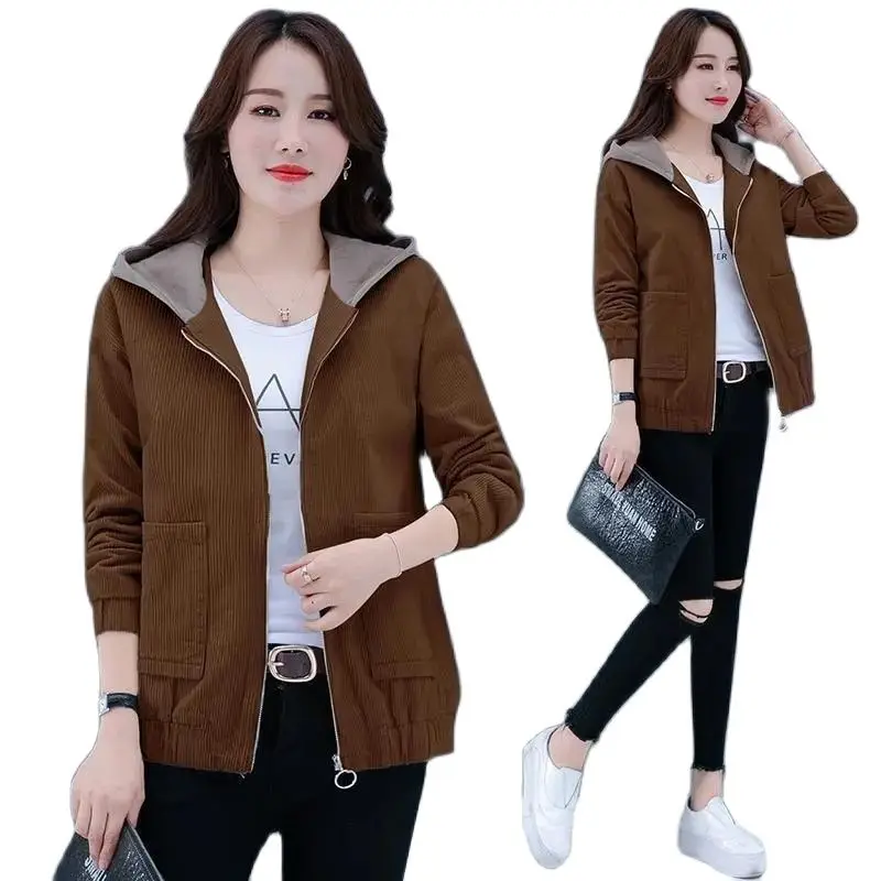 

Corduroy Women's Coat New Spring Autumn Loose Middle-Aged Mother Fashion Zipper Hooded Wild Short Ladies Comfortable Thin Jacket