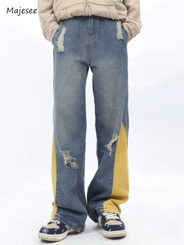 Jeans Men Colorful Panelled Teenager Vitality Wide Leg Holes Ragged Style Denim Patchwork Trousers Casual Spring Autumn Advanced