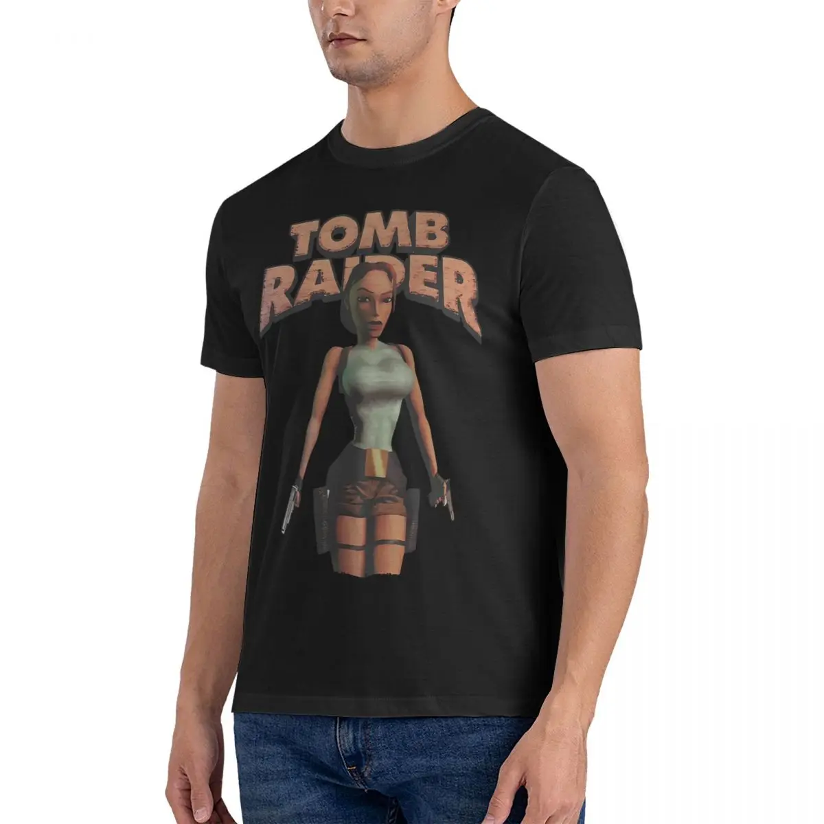 Lara Croft Cartoon Men T Shirt Tomb Raider Novelty Tee Shirt Short Sleeve Crewneck T-Shirts 100% Cotton Party Clothing