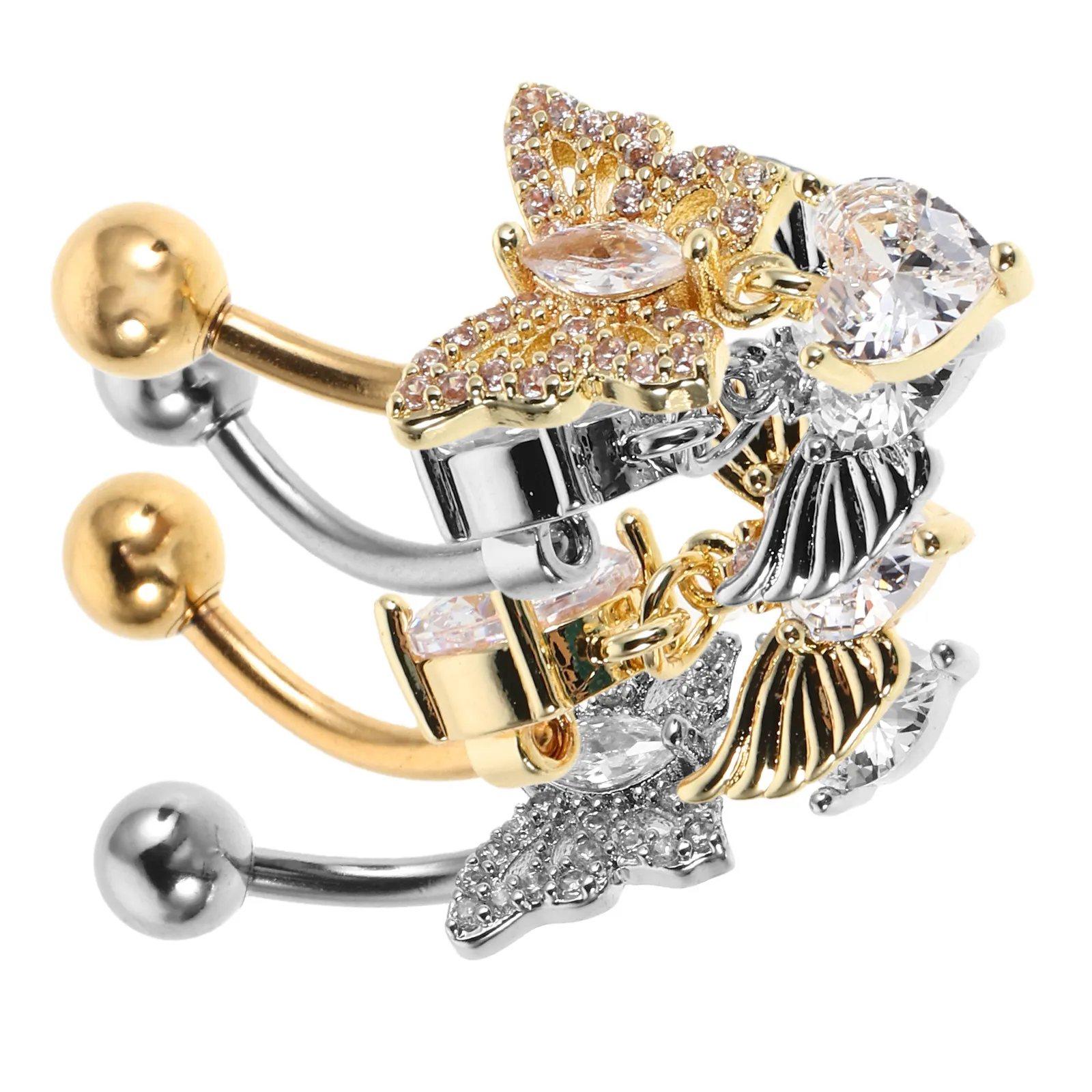 4Pcs Cute Butterfly Angel Belly Rings for Women Stainless Steel Navel Piercing Jewelry Sparkling Zirconia Heart Design Pregnancy