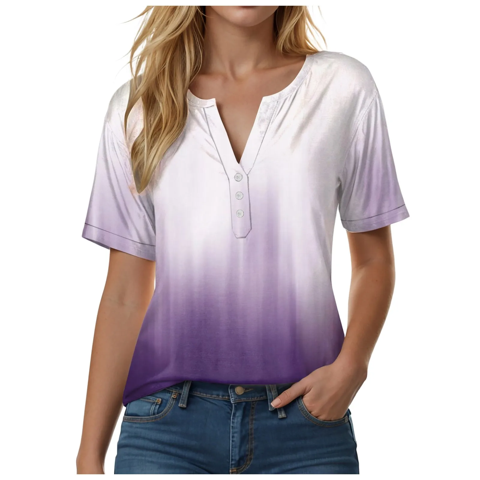 

Women Stylish Gradient Color T Shirts Casual Loose Three Button V Neck Short Sleeved T Shirt Summer Tops Harajuku Tee Shirts