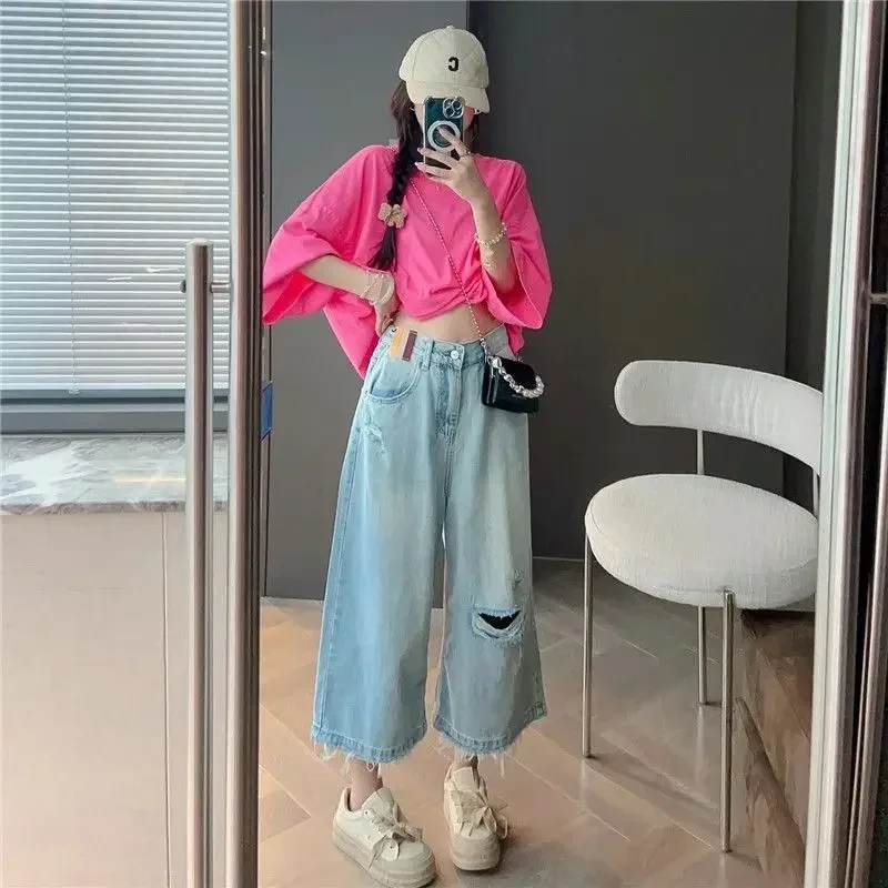 

Джинсы женские потертые рваные с кисточками мешковатые летние Ulzzang модные для отдыха популярные универсальные прямые уличные брюки длиной до икры