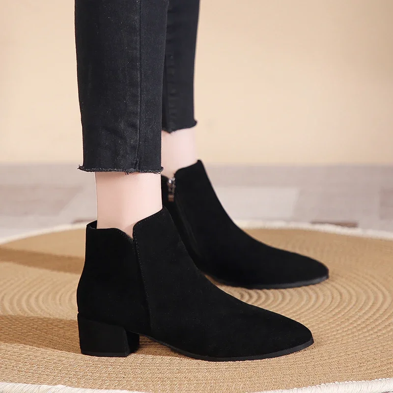 Thick Heel Black Ankle Boots Women\'s 2024 New Fall/winter High Heel Women\'s Pointed Comfortable Single Boots