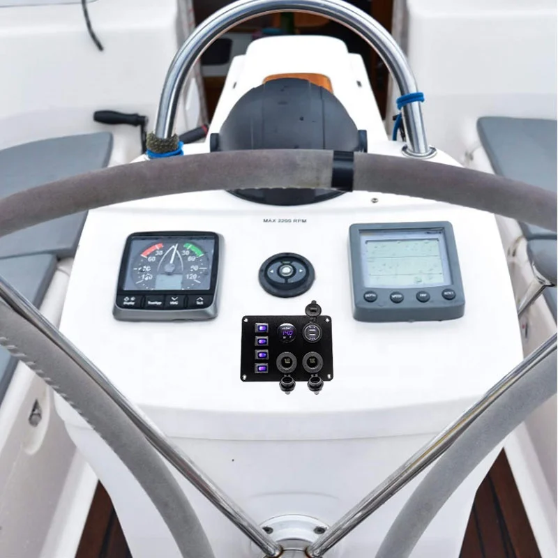 4 Gang Rocker Switch Panel with USB Charger Voltmeter Waterproof 12V-24V DC Rocker Switch with 4.2A Dual USB Charger and Night