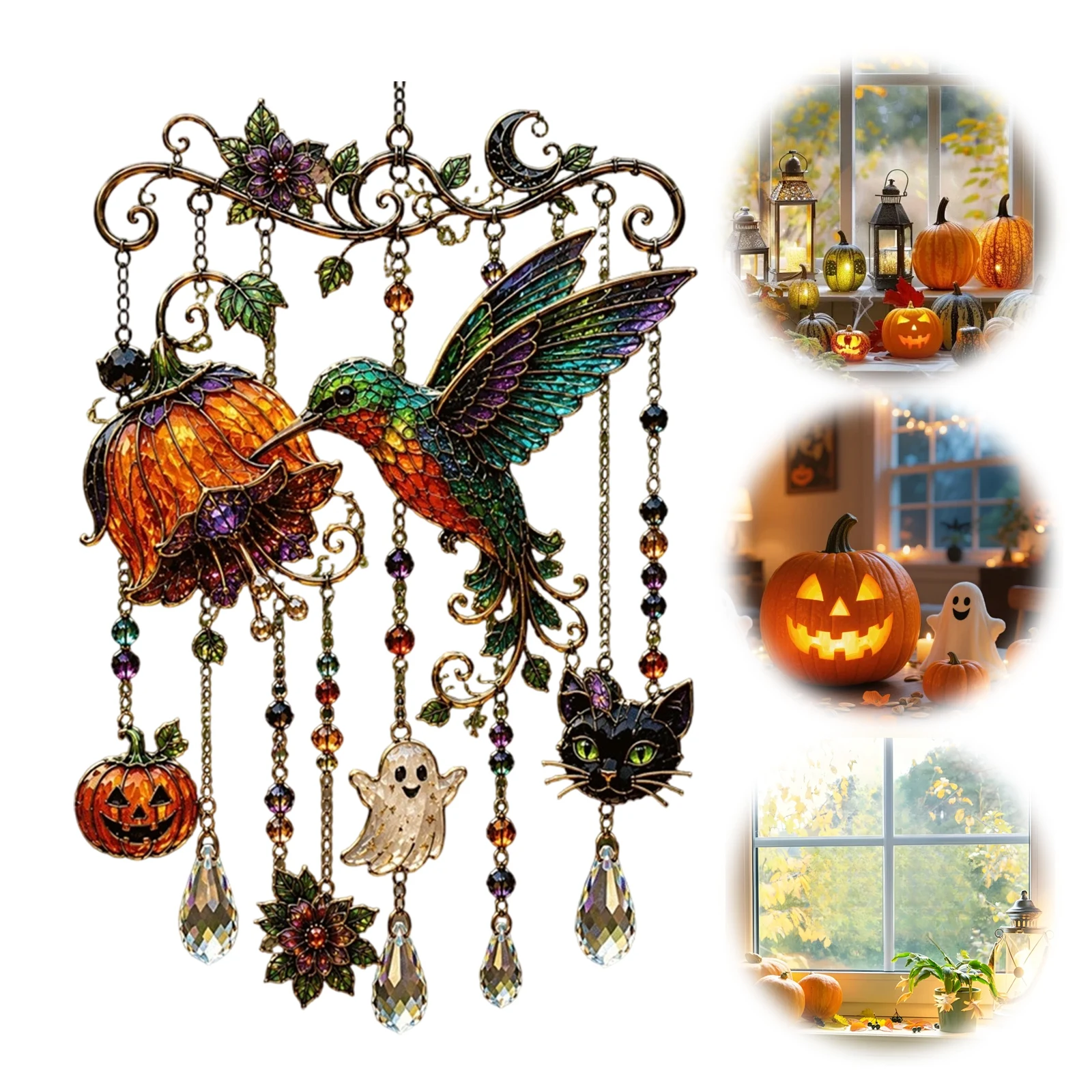 Halloween Wind Chime Decoration Acrylic Ghost Pumpkin Bat Skull Black Cat Window Hanging Decor