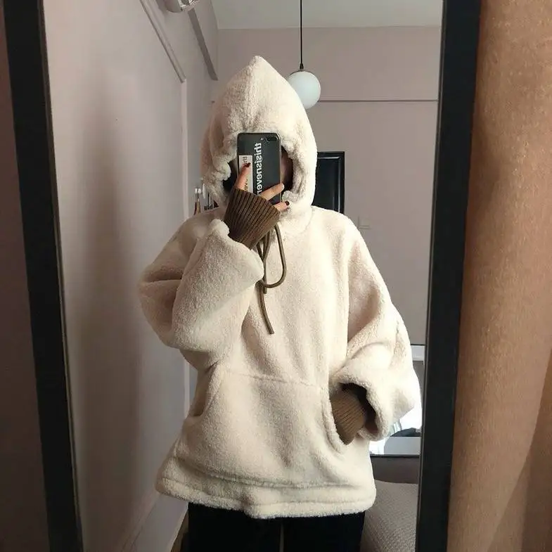 Lamb Velvet Hooded Sweatshirt Women's Autumn Winter New Loose Korean Version Student Top Coat Crew Neck Print Casual Streetwear