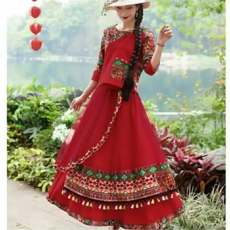 Ensemble deux pièces ethnique en coton et lin, T-shirt imprimé et jupe ter pour voyage, Photoaphy, Silhouette trapèze