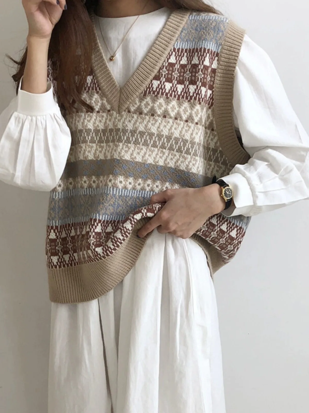 

V-Neck Knitted Vest Top Women's New Style Sleeveless Vintage Color Block Sweater Trendy Overhead College Style Fashion