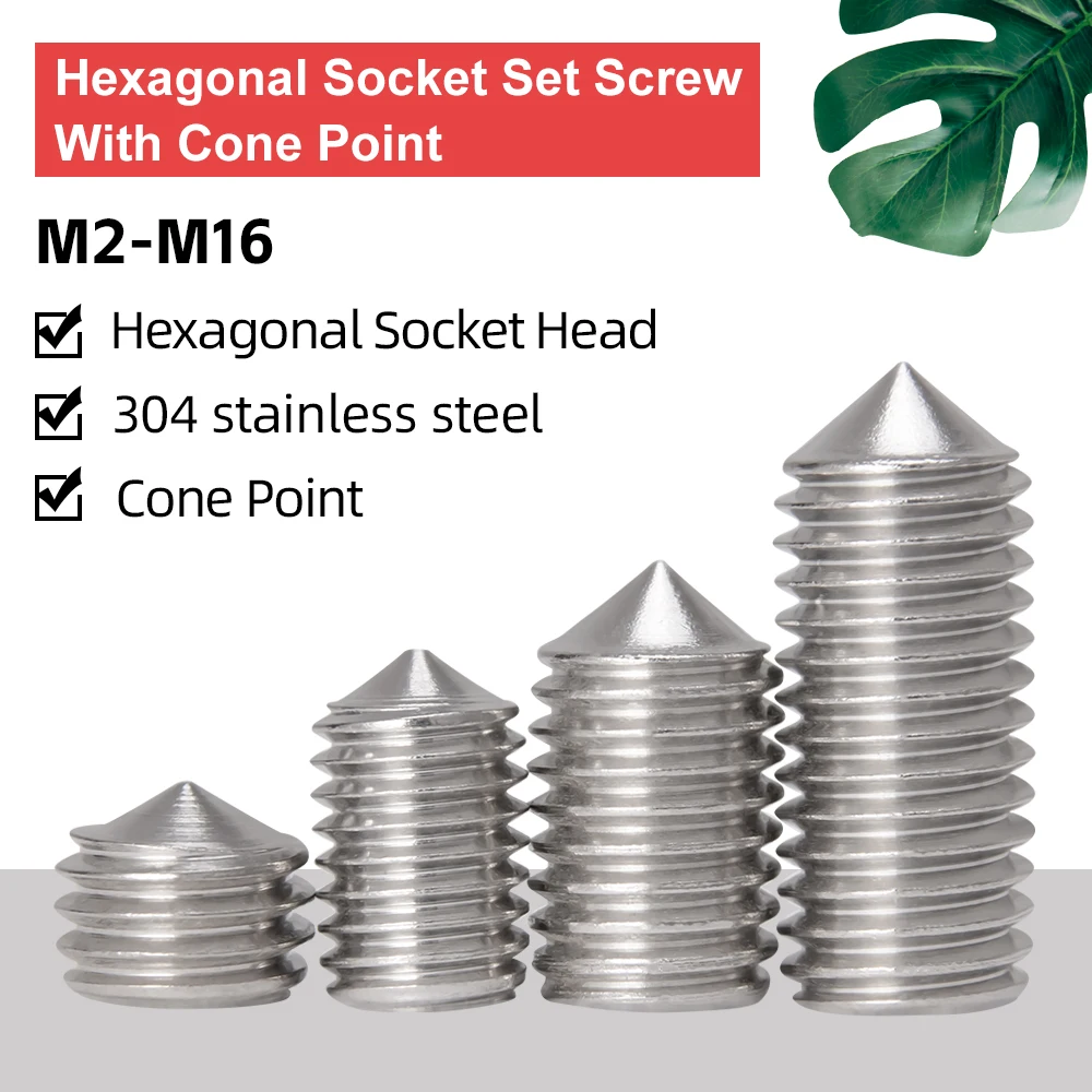 

Hexagon Socket Set Screw With Cone Point M2 M2.5 M3 M4 M5 M6 M8 M10 M12 M16 304 Stainless Steel Headless Allen Key Screws