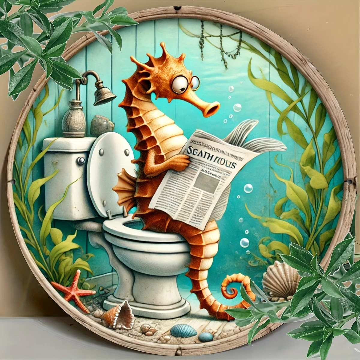 Seahorse Reading Newspaper in the Toilet Theme Round Wooden Home Kitchen Garden Club Garage Office Wall Decor Ideal Holiday