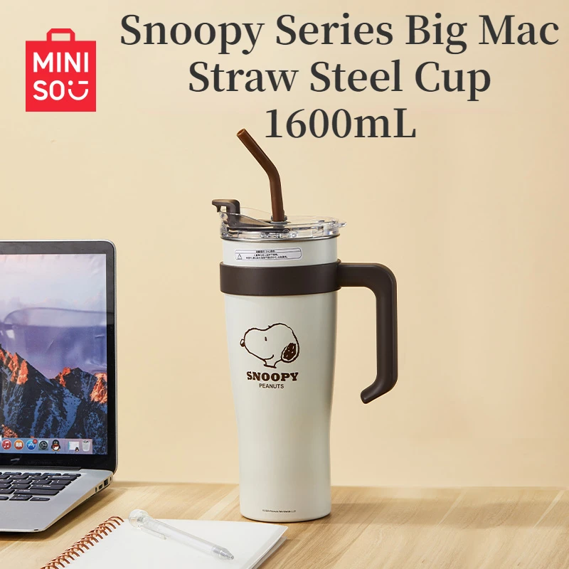 MINISO Anime Cartoon Snoopy Series Big Mac Straw Steel Cup 1600mL Portable Large Capacity Creative Snoopy Thermos Cup with Straw