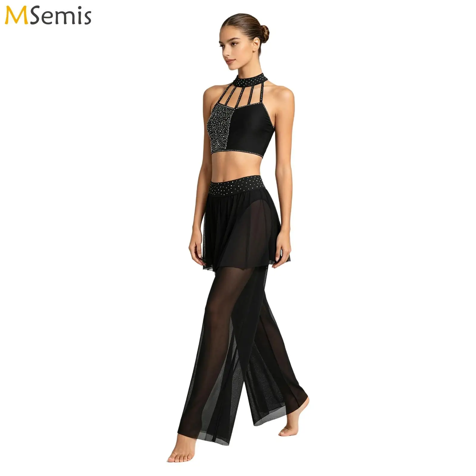 Women 2‑Piece Lyrical Contemporary Dance Outfit Halter Rhinestone Crop Top Mesh Overlay Wide Leg Pants Performance Dance Costume