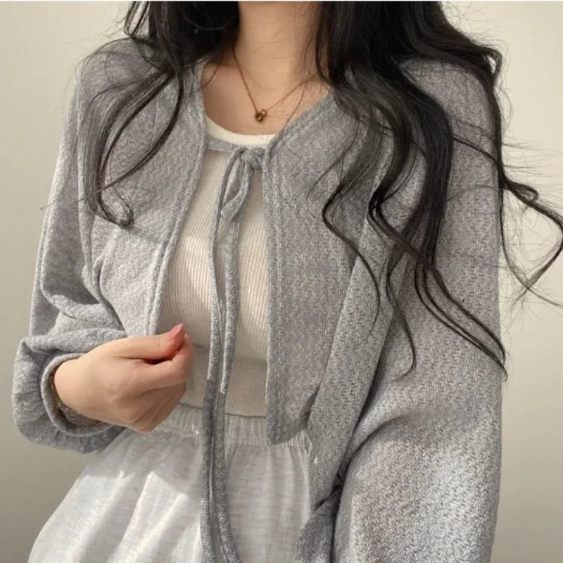 White Knitted Cardigan Women Summer Thin Sunscreen Lace-Up Knitwear Tops Female Korean Style Lantern Sleeve Short Coat