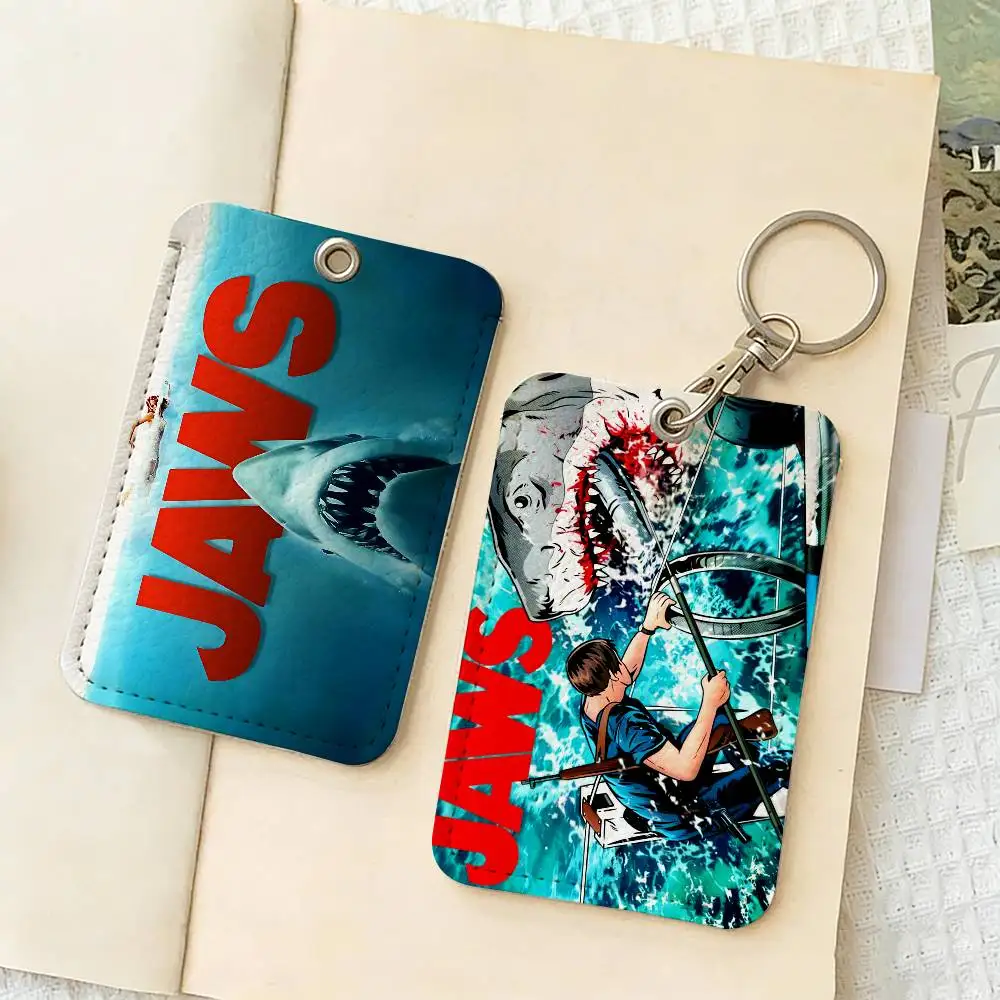 American Classic Horrible Movie J-Jaws Rectangle ID Card Case Keychain Access Card Bag Key Tag Ring Leather Card Holder Key Ring