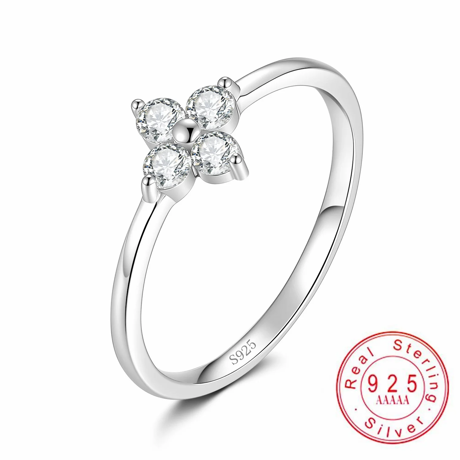 

S925 Sterling Silver Moissanite Flower Ring for Women, 4-Stone Floral Design, Hypoallergenic Minimalist Stackable Fine Jewelry