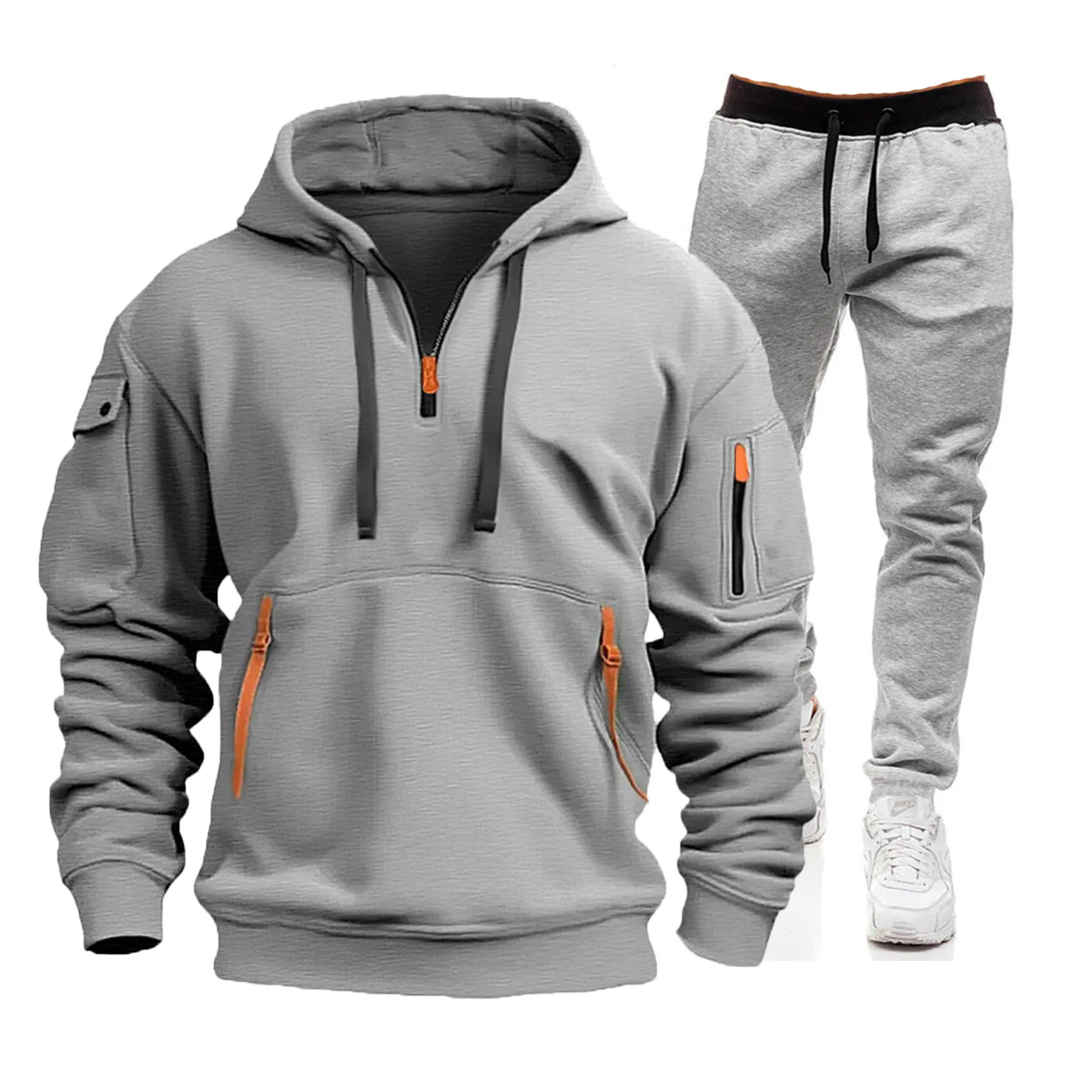 

2025 Solid Color Hooded Sweatshirt with Grey Pants - Men's Casual Loose Hooded Pullover Sweater Set