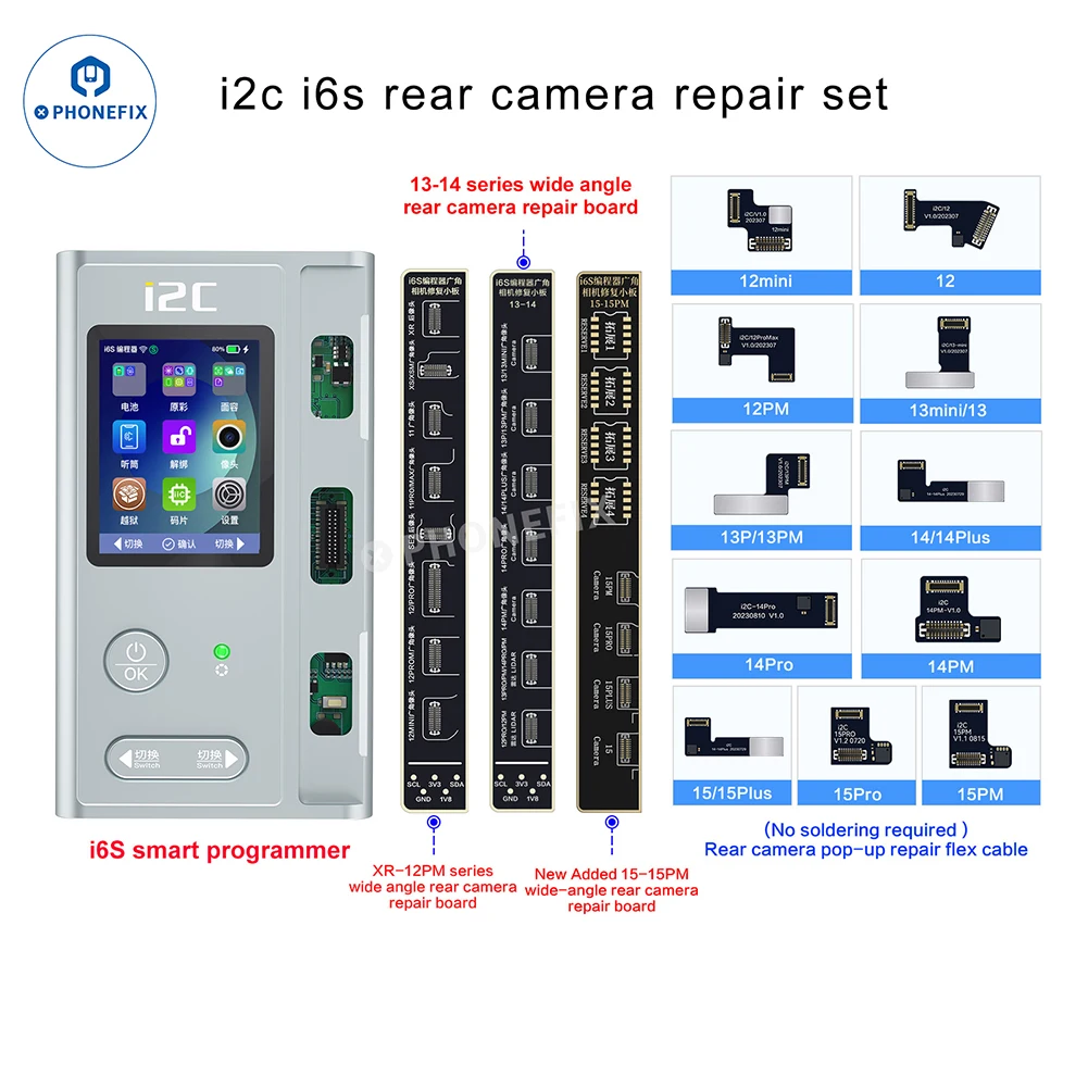 I2C I6S Wide Angle Rear Camera Repair Set with Tag On Flex for IPhone 12-15 PM Non Orignial Rear Camera Pop Up Window Repair