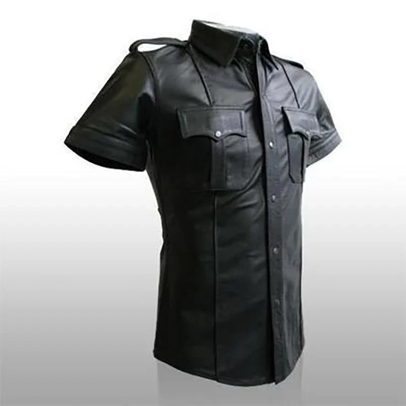 Men PU Leather T-shirt Tie Turn-down Collar Button Short Sleeve Tee Shirts Sexy Chemise Latex Clubwear Tops Streetwear Plus Size