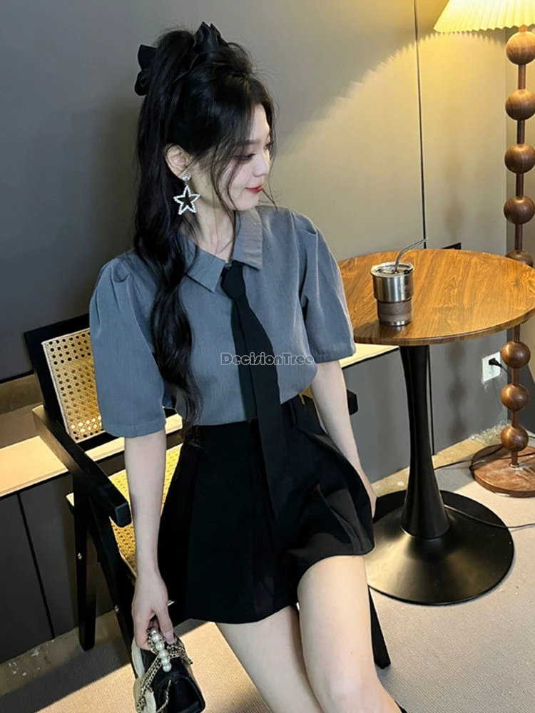 

2024 Preppy style loose simple casual short-sleeved polo collar with tie puffed sleeve short shirt top skirt women jk suit w743