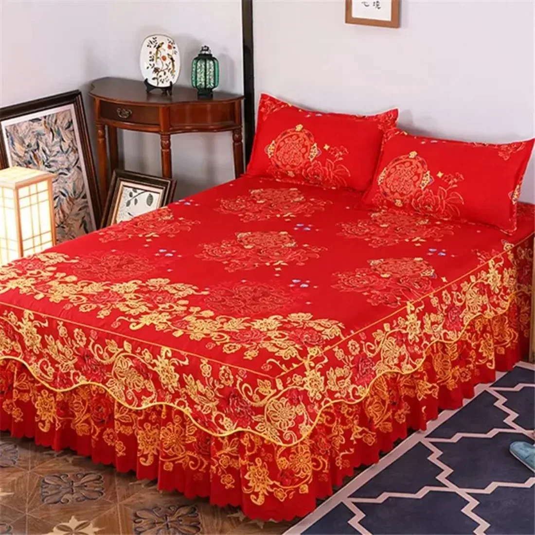 3PCS Bed Skirt Cotton Bedspread Set Embroidery Bed Dress Pillow Cases 3 Pieces/Set For King/Queen Double 1.5/1.8/2M Sheet Cover