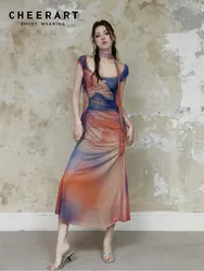 CHEERART Sunset Oil Painting Long Summer Dress Women 2024 Fashion Square Neck Bodycon A Line Midi Dress Clothing