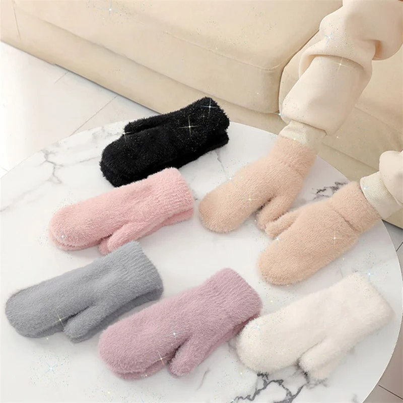 New Winter Women Keep Warm Double Layer Plus Velvet Thicken Fleece Mittens Gloves Female Cute Lovely Soft Full Fingers