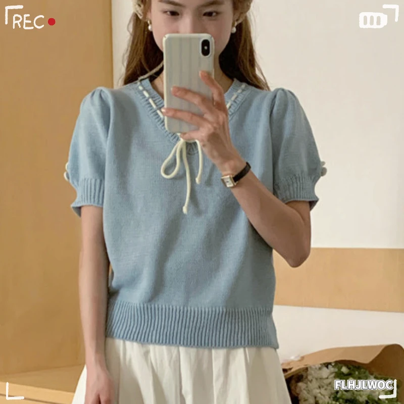 2023 Summer Woman Chic Korea Japan Girls New Design Short Knit Bow Tie Tops Casual Loose Cute Sweet Jumper Sweater Pullovers