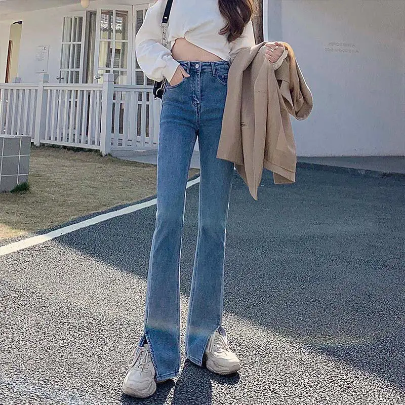 Retro Flared Denim Jeans Women's High Waist Slim Fit Elastic Wide Leg Floor Length Split Bell Bottom Trendy Summer Commute