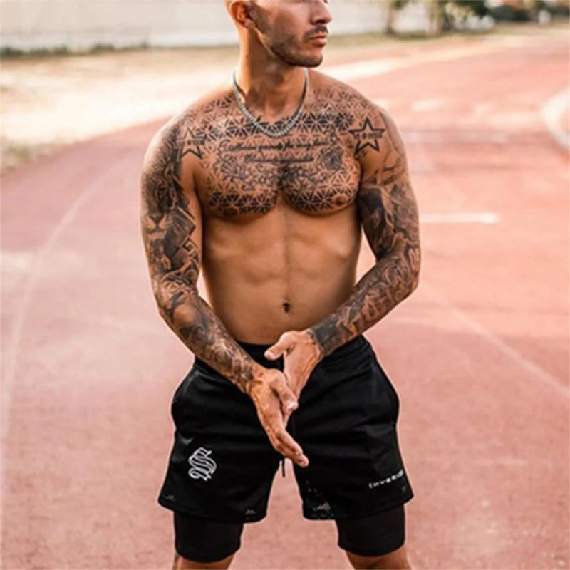 Summer Printing Breathable 2 In 1 Shorts Men Gyms Fitness Running Shorts Quick Dry Male Shorts Mesh Bodybuilding Short Pants