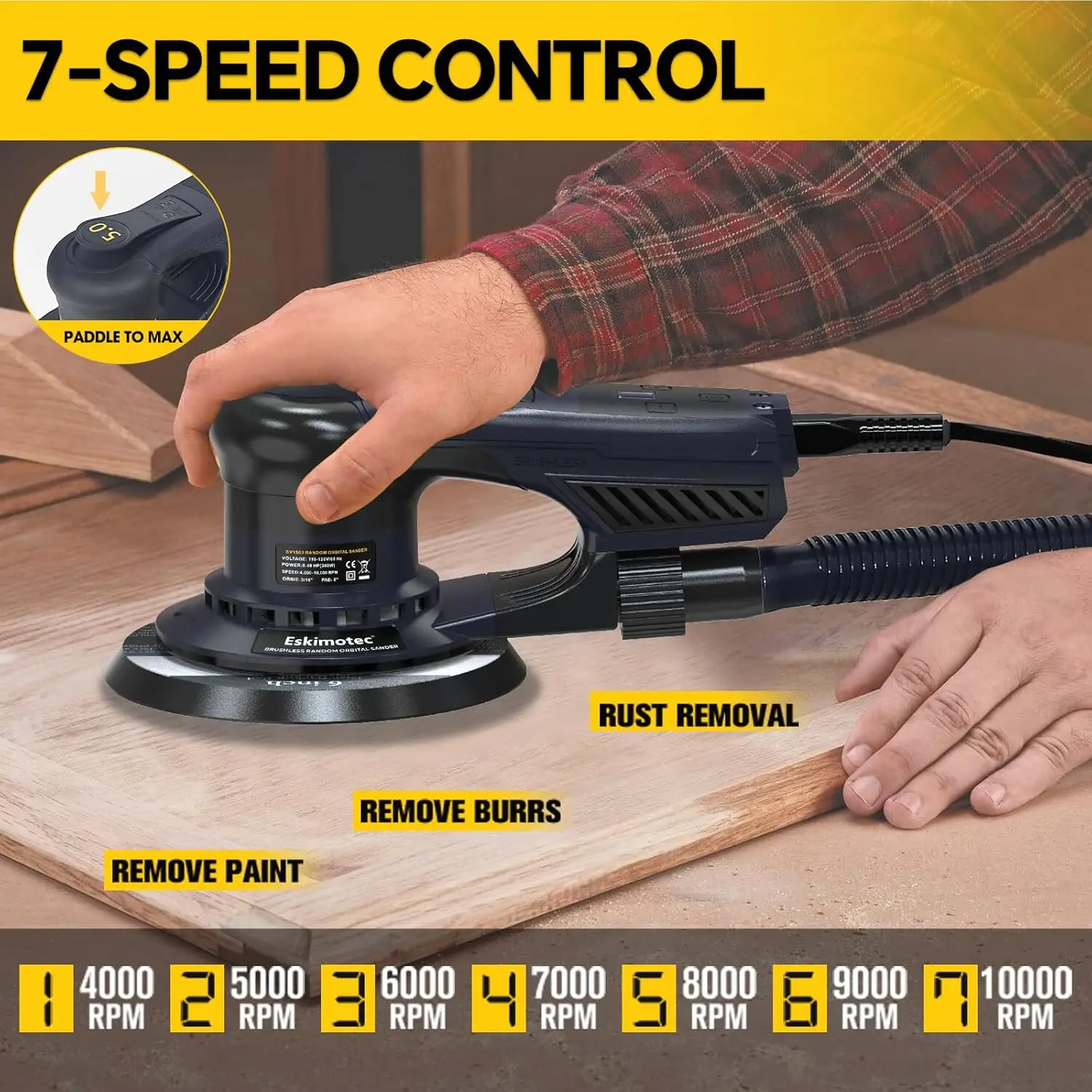 

Electric 5mm Random Orbital Sander with 5 & 6-Inch Pads, 360W Brushless Orbital Sander, 10000 RPM Variable 7-Speed Palm Sander f