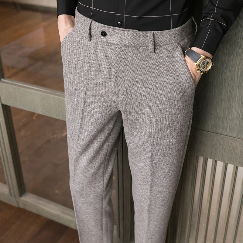 

2025 Fall/Winter Apricot Thickened Woolen Fabric Casual Trousers for Men,Simple Fashionable Slim Fit Versatile Mens Casual Pants