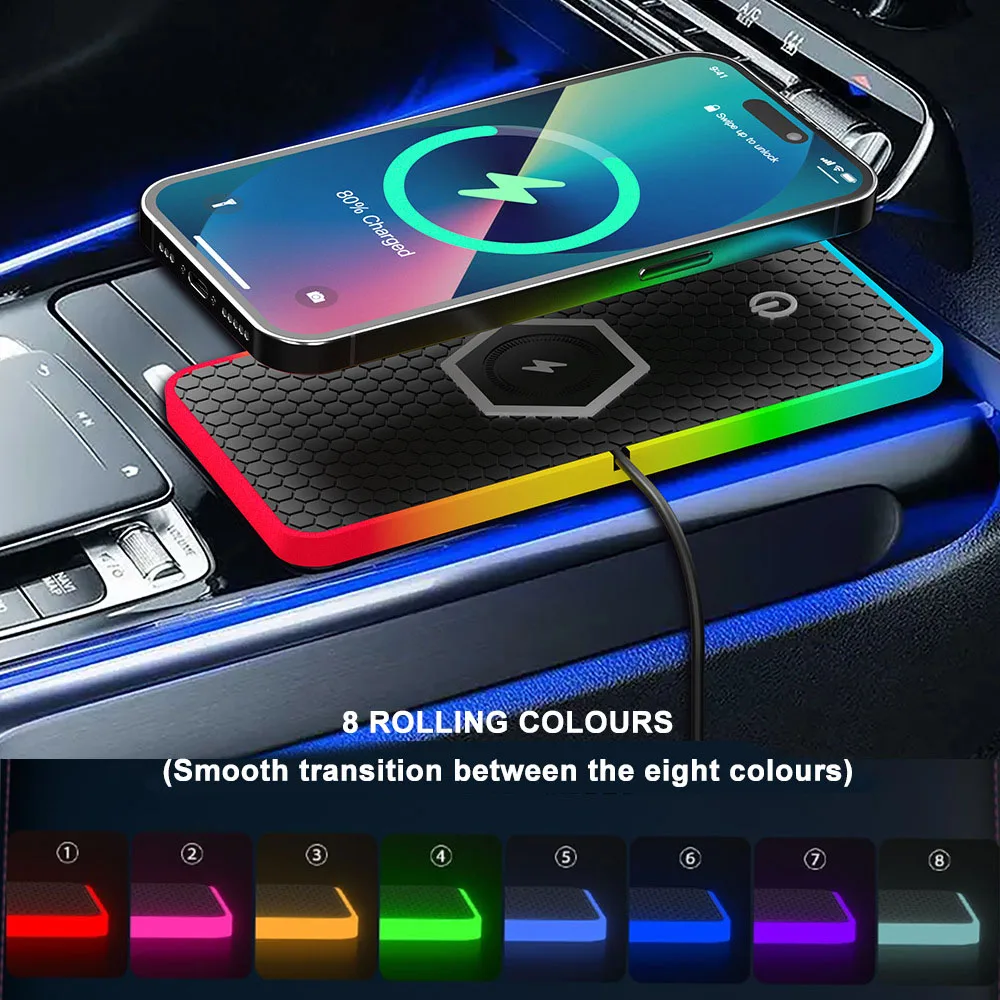 15w Car Charging Pad Led Rgb Car Wireless Charging Board With Anti Slip Silicone Pad Multi Device Charging Qi Fast Charging
