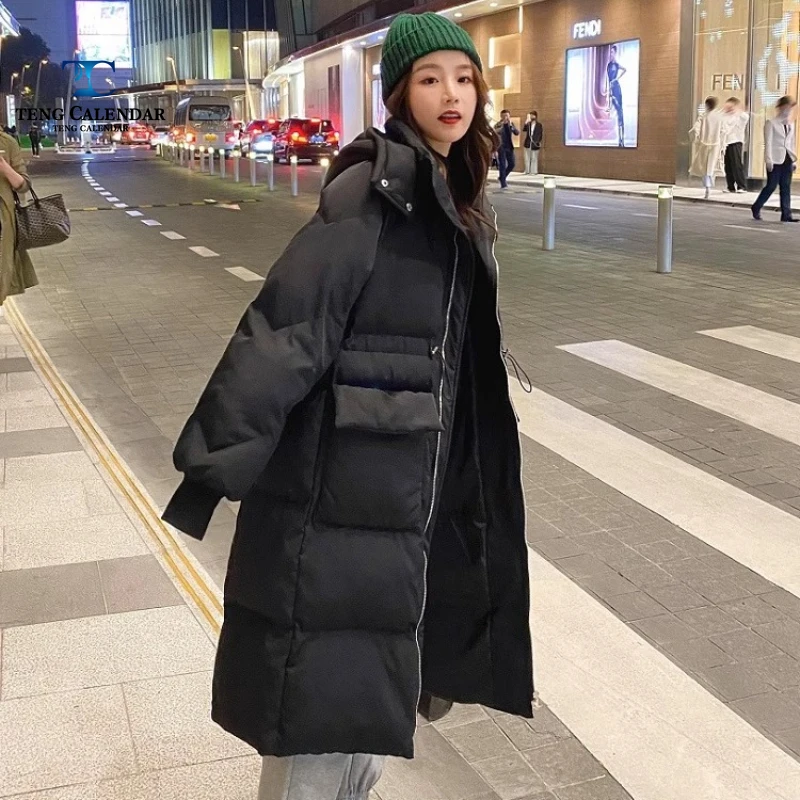 Winter long cotton jacket, over knee thick loose waist Korean student bread jacket, women's 2025 new style