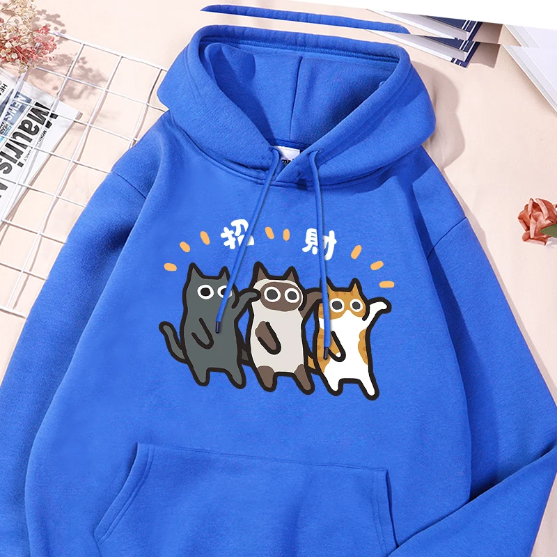 

Lucky Cat White Printing Sportwear Men Cotton Letter Hoodies Trendy Round Neck Comfy Sweatshirt Personality Versatile Clothing