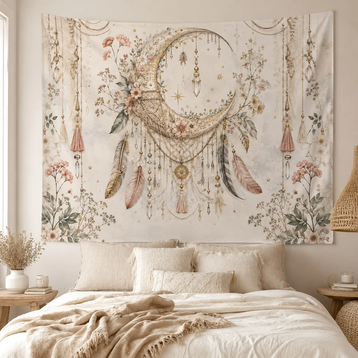 Boho Vintage Floral Moon Dreamcatcher Mandala Wall Tapestry Soft Fabric Aesthetic Room Decor Background Hanging Cloth for B