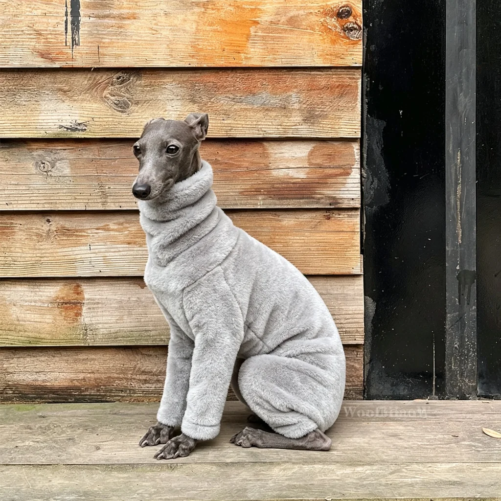 Warme, mit Fleece gefütterte Hundekleidung, vierbeiniger Overall für Italienische Windhunde und Whippets, Winter-Haustier-Homewear mit hohem Kragen in einfarbiger Ausführung – Detail 6