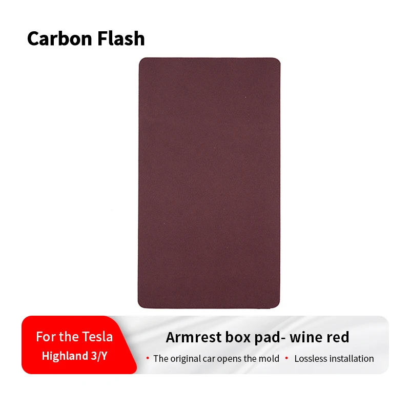 For Tesla Updated Model 3/Y – Wine Red Suede Armrest Box Pad, Anti-Slip Center Cover with Carbon Flash Finish