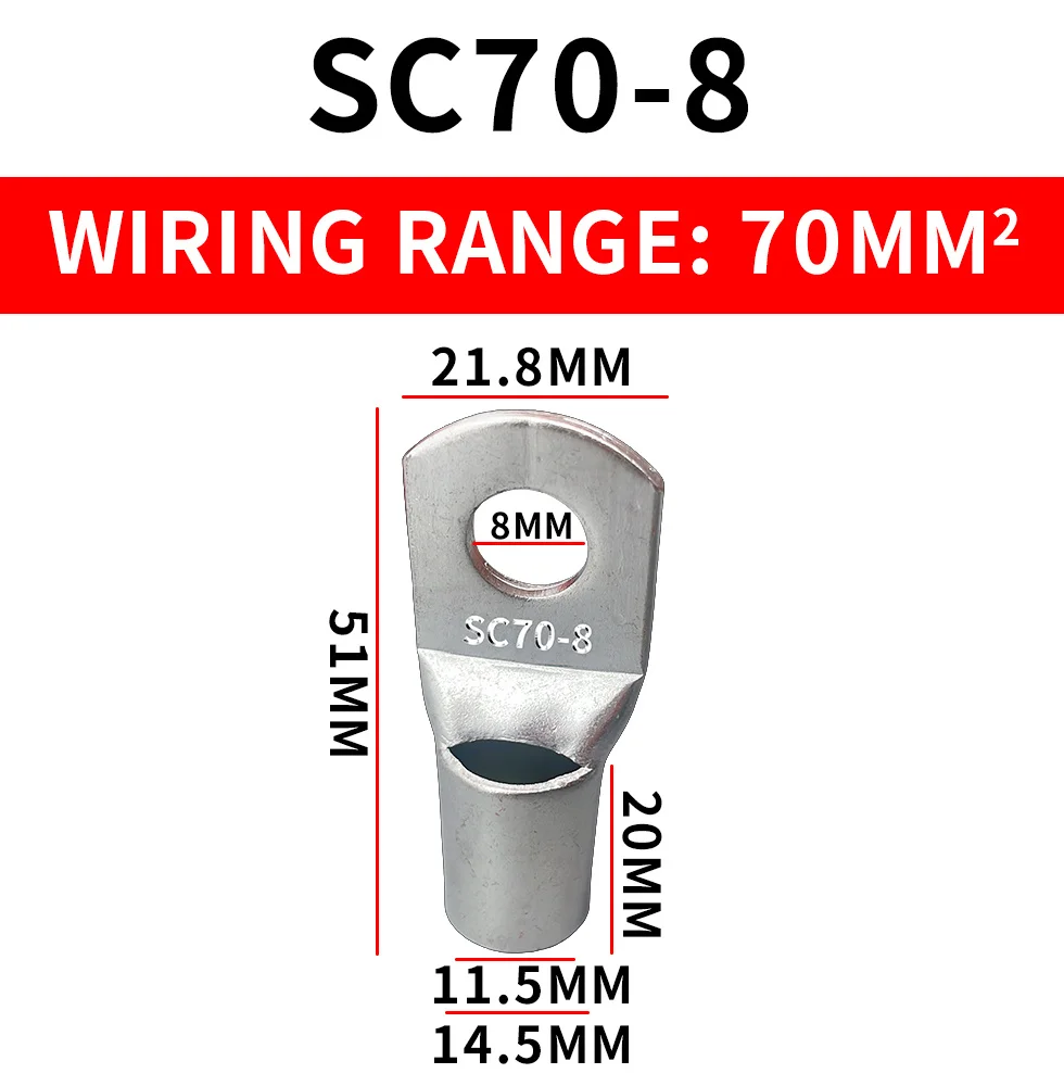 5PCS SC70-8 SC70-10 SC70-12 SC70-14 SC70-16 bolt hole tinned copper cable connector 70MM ² battery terminals