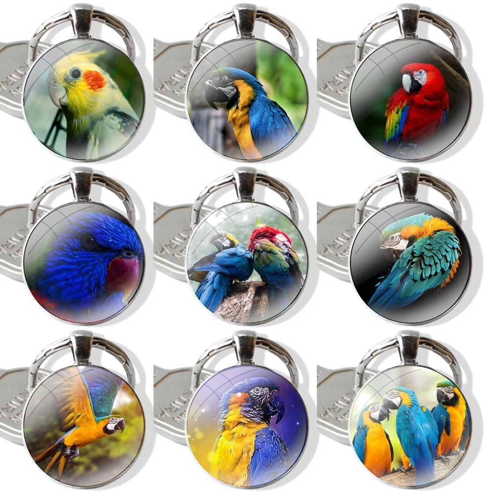 Funny Parrot Blue Color Keychain Handmade Glass Cabochon Key Ring Holder Pendant Key Chains