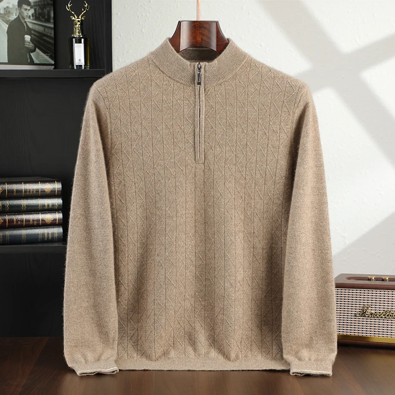 2024 Autumn/Winter New Collection (100% Cashmere) Men's Casual Round Neck Half Zipper Solid Color Casual Sweater for Men