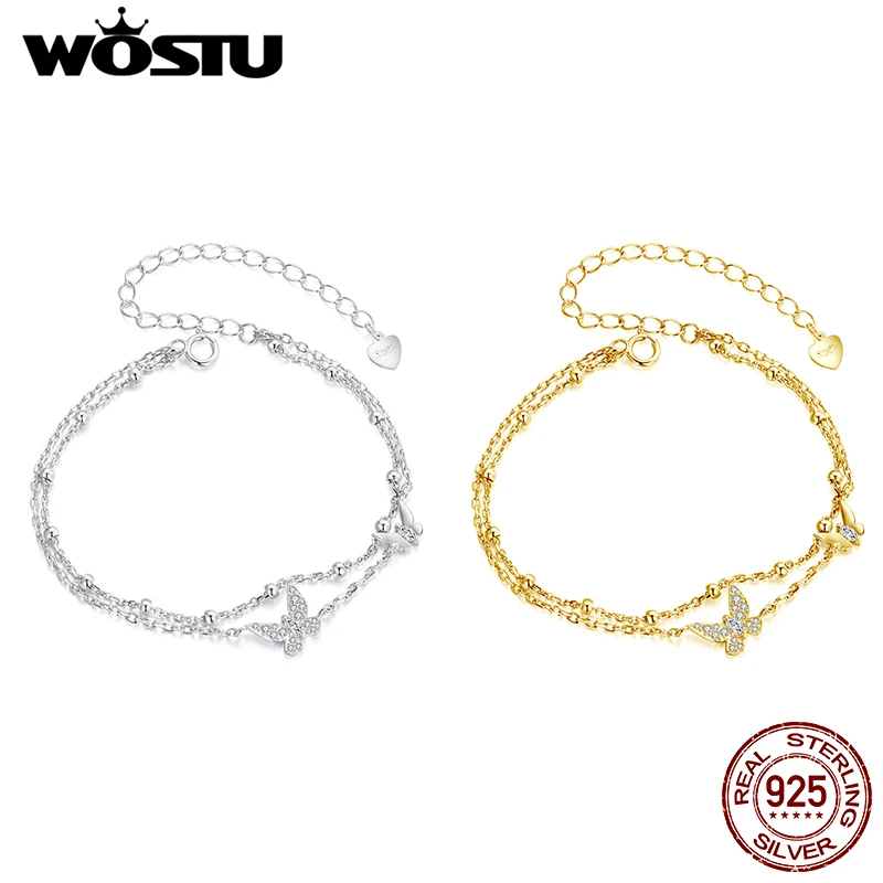 

WOSTU 925 Sterling Silver Cubic Zirconia CZ Bridal Butterfly Adjustable Bracelet for Women Double Layer Butterfly Charm Bracelet