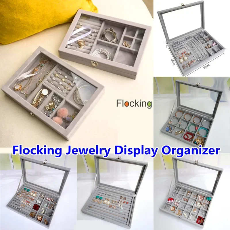 

Velvet Jewelry Organizer with Glass Cover Flocking Jewelry Display Storage Box Watch/Bracelet/Necklace/Earrings/Rings Show Case