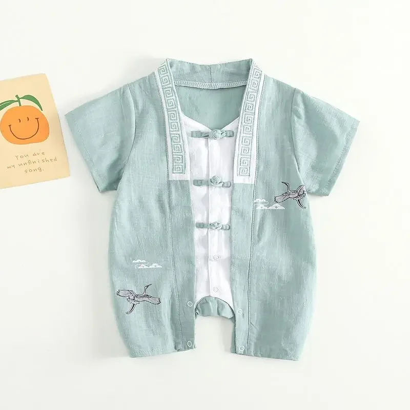 

Newborn Cotton Flat Foot Onesie Vest Boy Girl Chinese Style crane Embroidered Tang Suit Bodysuit Kid Kung Fu Uniform