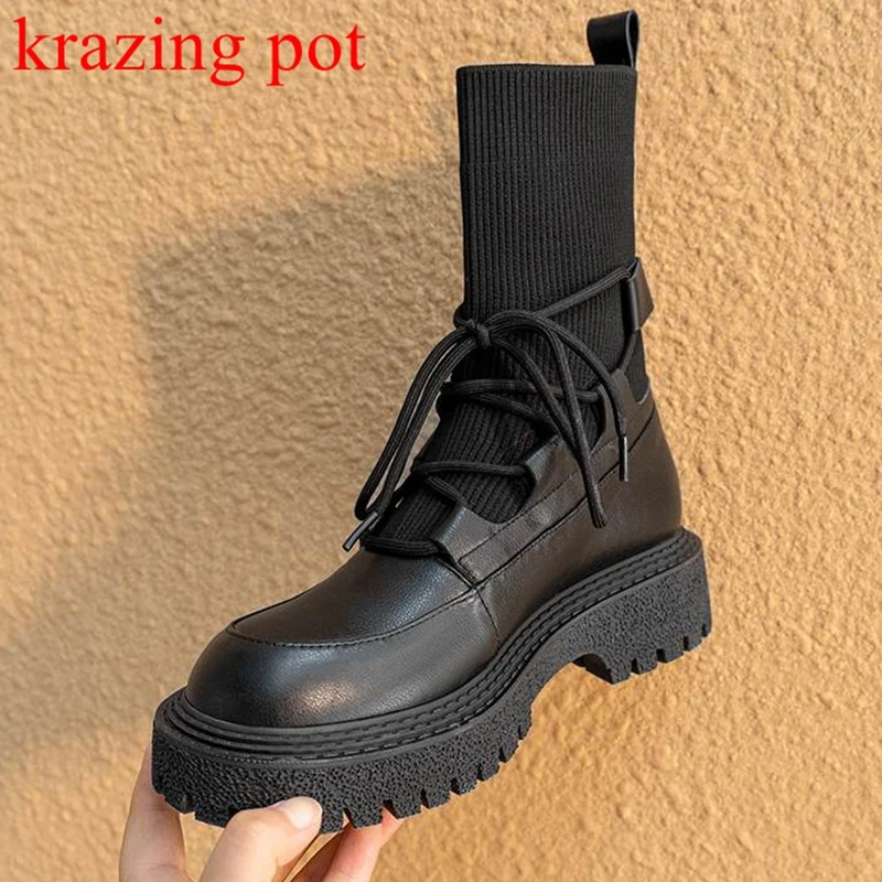 Krazing Pot Natural Cow Leather 2024 Round Toe Western Boots Kpop Fashion Style Med Heels Non-slip Knitting Stretch Ankle Boots