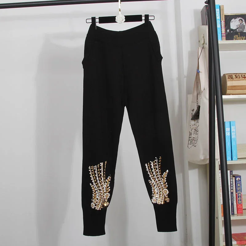 

Spring Beading Sequins Embroidery Knitted Tracksuit Women Outfits Korean Loose Black Gary Knit Sweater Pencil Pants Set Female