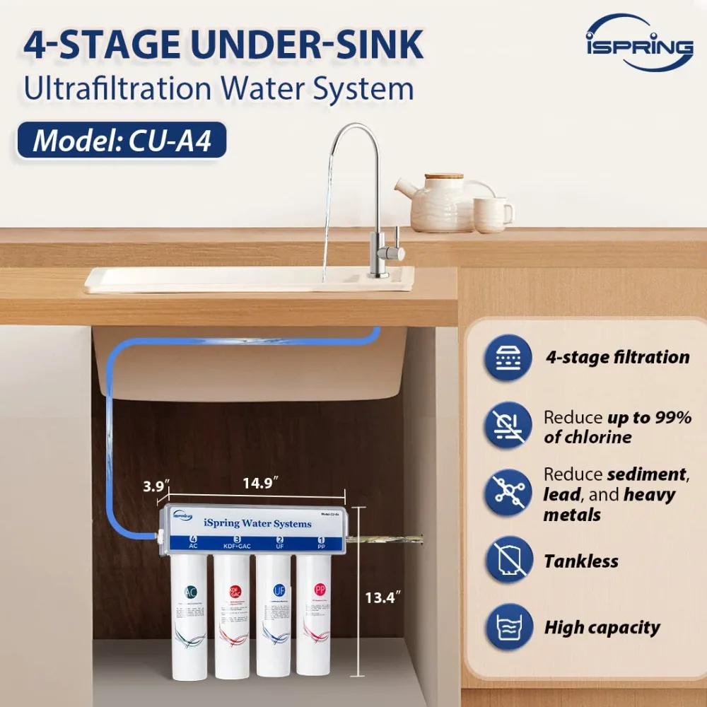 CU-A4 0.01μm การกรองพิเศษภายใต้อ่างล้างจานระบบกรองน้ํา Tankless ความจุสูง 4 ขั้นตอน ขจัดสารปนเปื้อน 99.99%