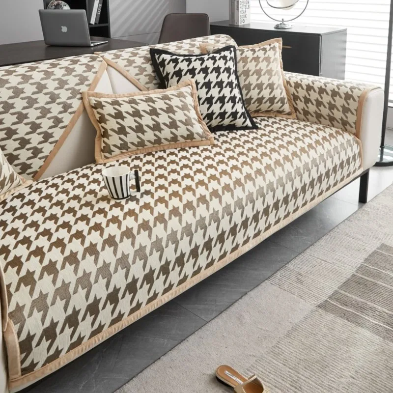 2025 جديد الشنيل كل موسم أريكة houndstooth و العالمي أريكة حصيرة وسادة مسند الذراع غرفة المعيشة الأريكة الغلاف أريكة كيس وسادة شوبافكارفير