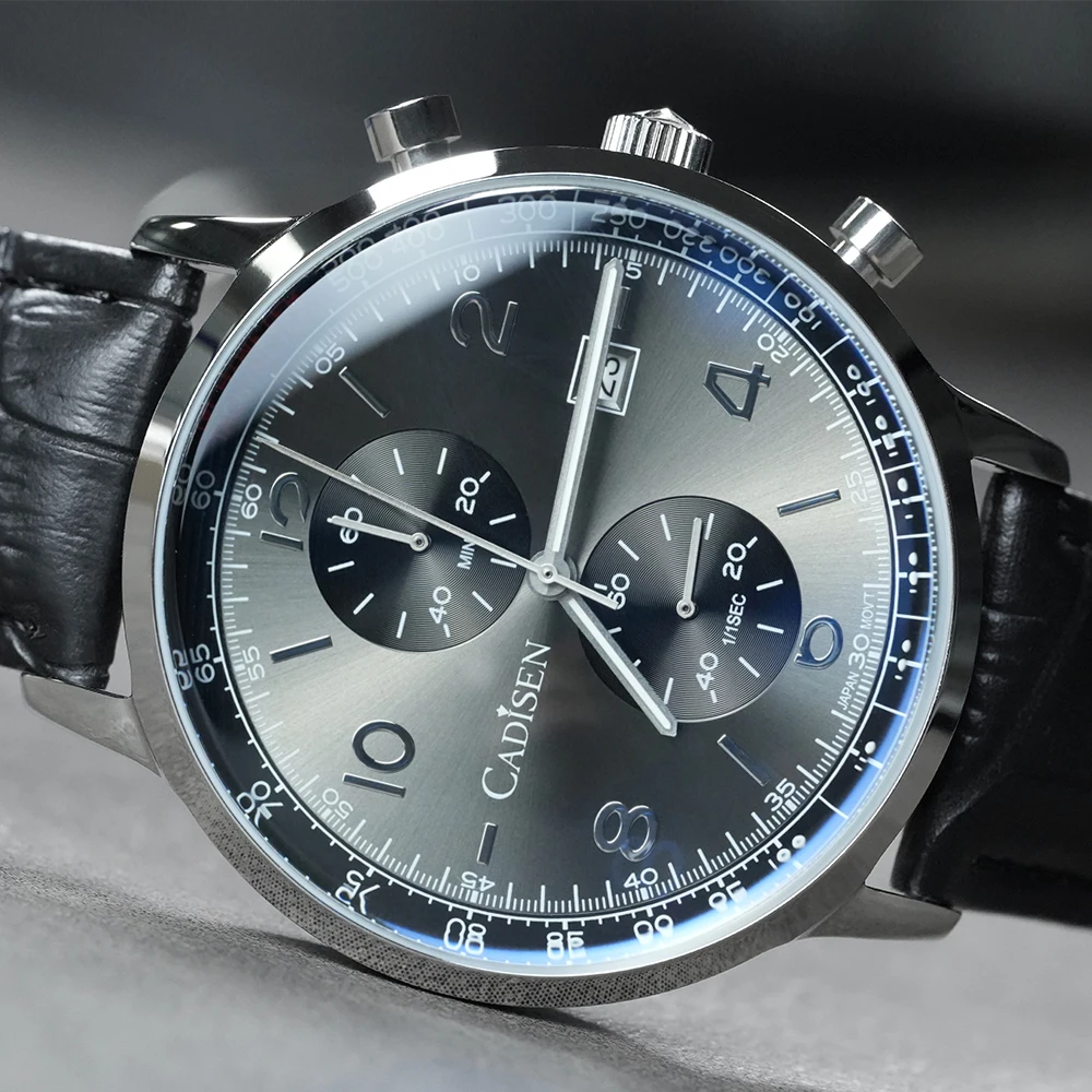 CADISEN Men Watch Quartz Luxury Brands MIYOTA 0S11 Movement Chronograph Sunburst Salmon Dial AR Coated Glass Waterproof Watches