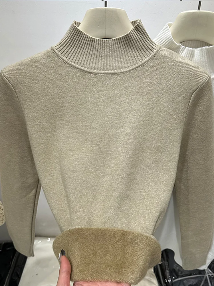 秋冬フリース長袖モックネックレディースセーター新ファッションプルオーバーニットセーター女性エレガントニットボトムス