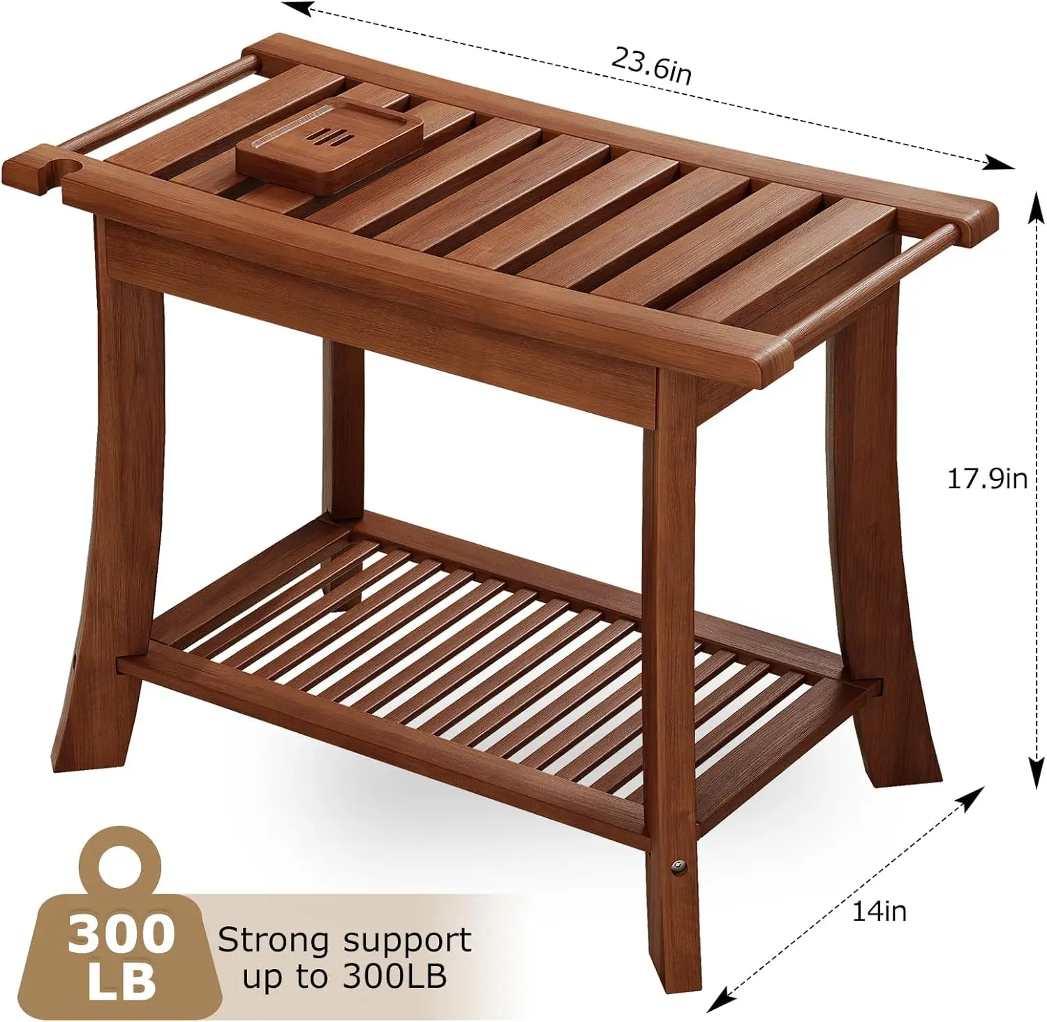 Premium Luxury Modern Teak Shower Bench 1-Shelf Storage Towel Rack Eco-Friendly Indoor/Outdoor Bathroom Spa Pool Use